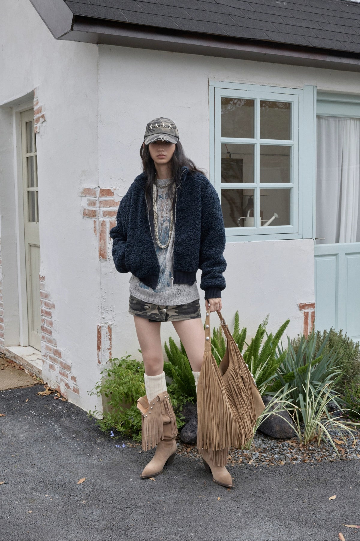 Distressed Fleece Zip-Up Cropped Jacket
