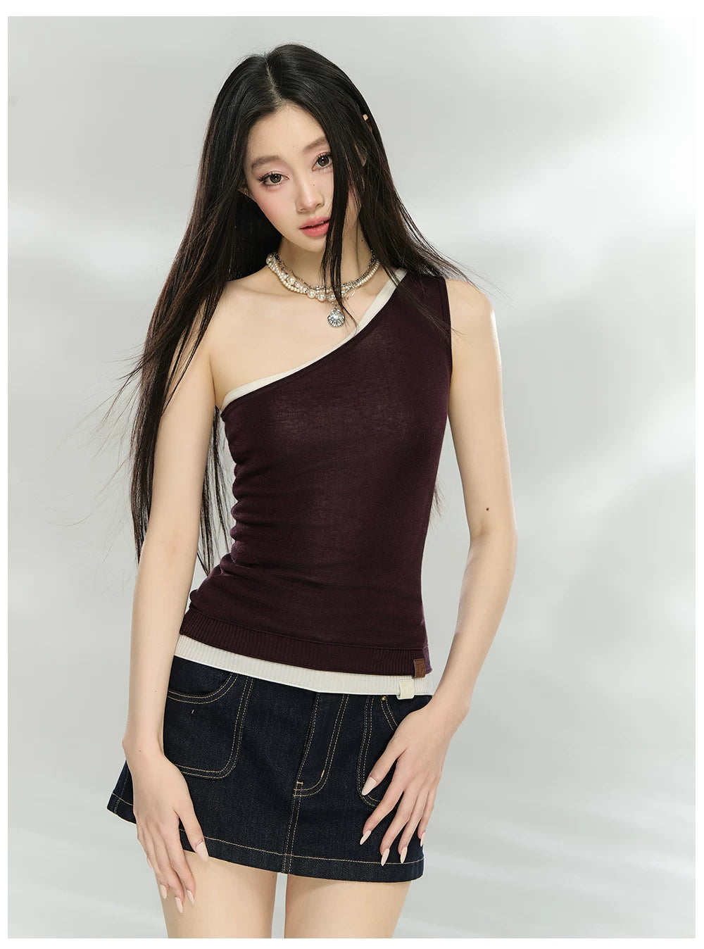 Asymmetric One-Shoulder Lyocell Blend Knit Tank Top