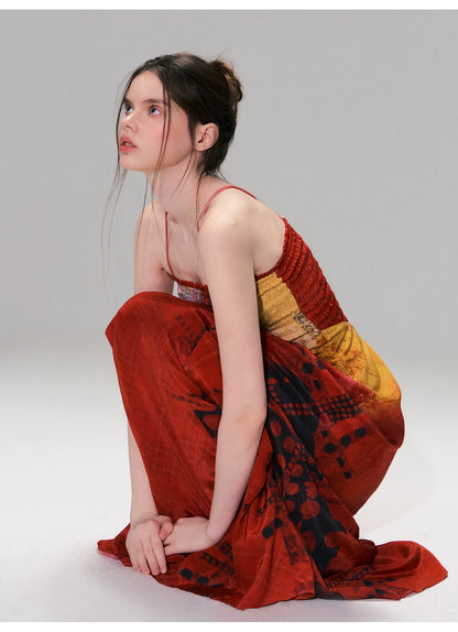 Vintage Red Strapless Printed Maxi Dress