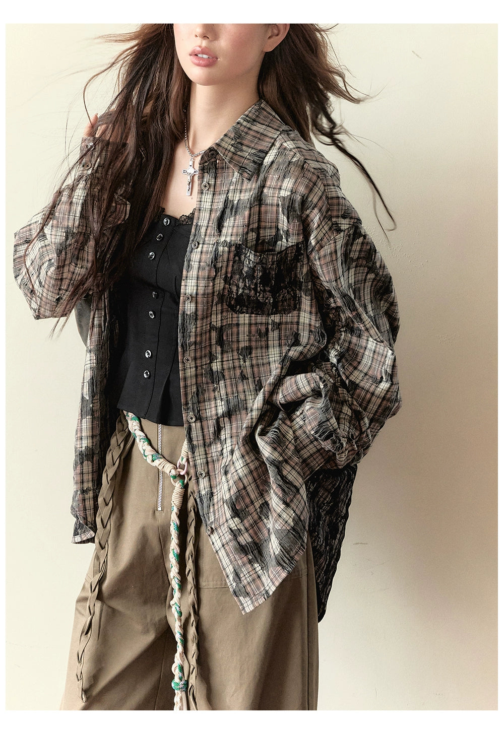 Color-blocked Plaid Long-sleeve Shirt Jacket