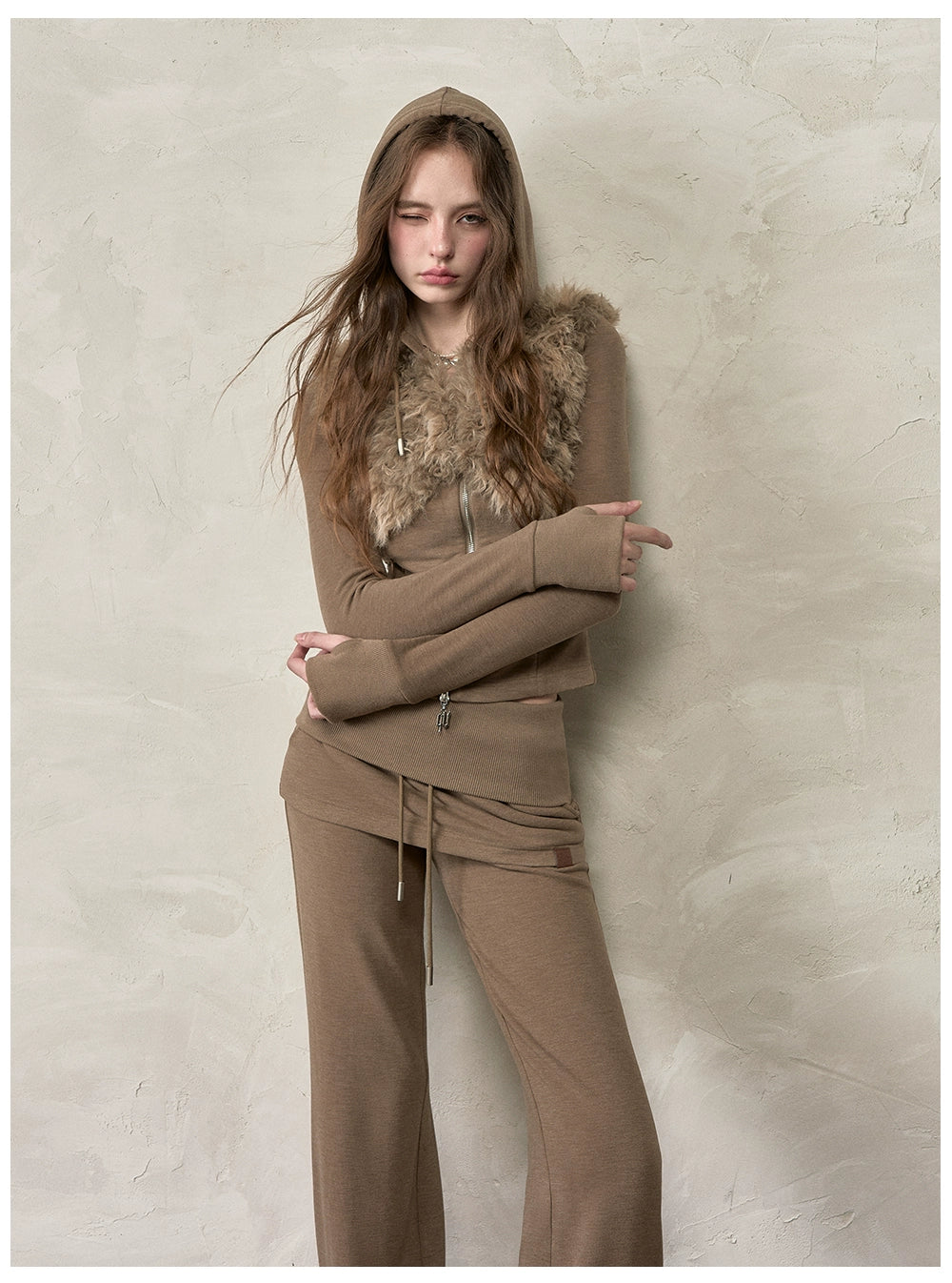 Faux Fur Drawstring Zip-up Hoodie