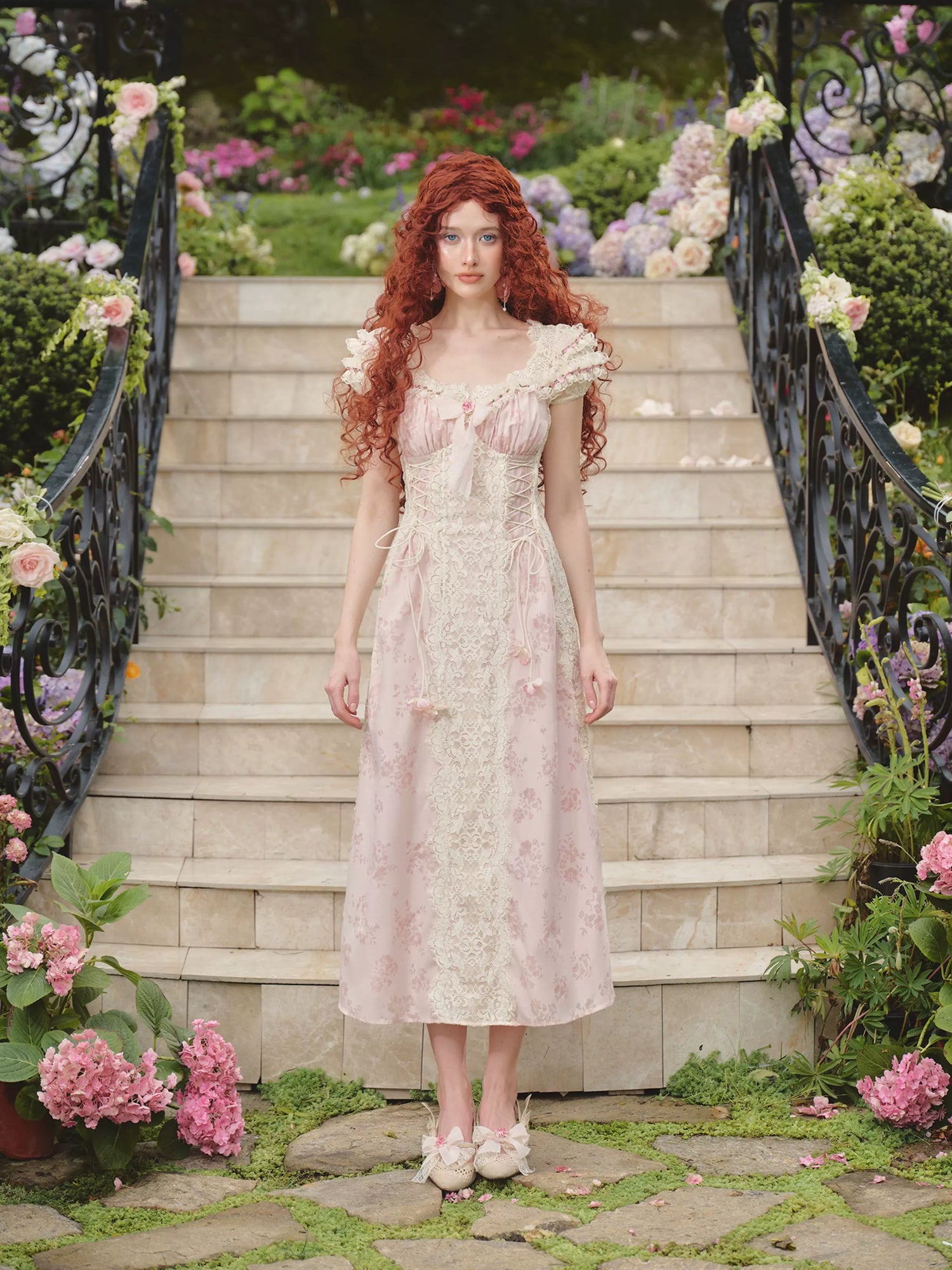 French Sweet Empire-Waist Lace Tie Dress