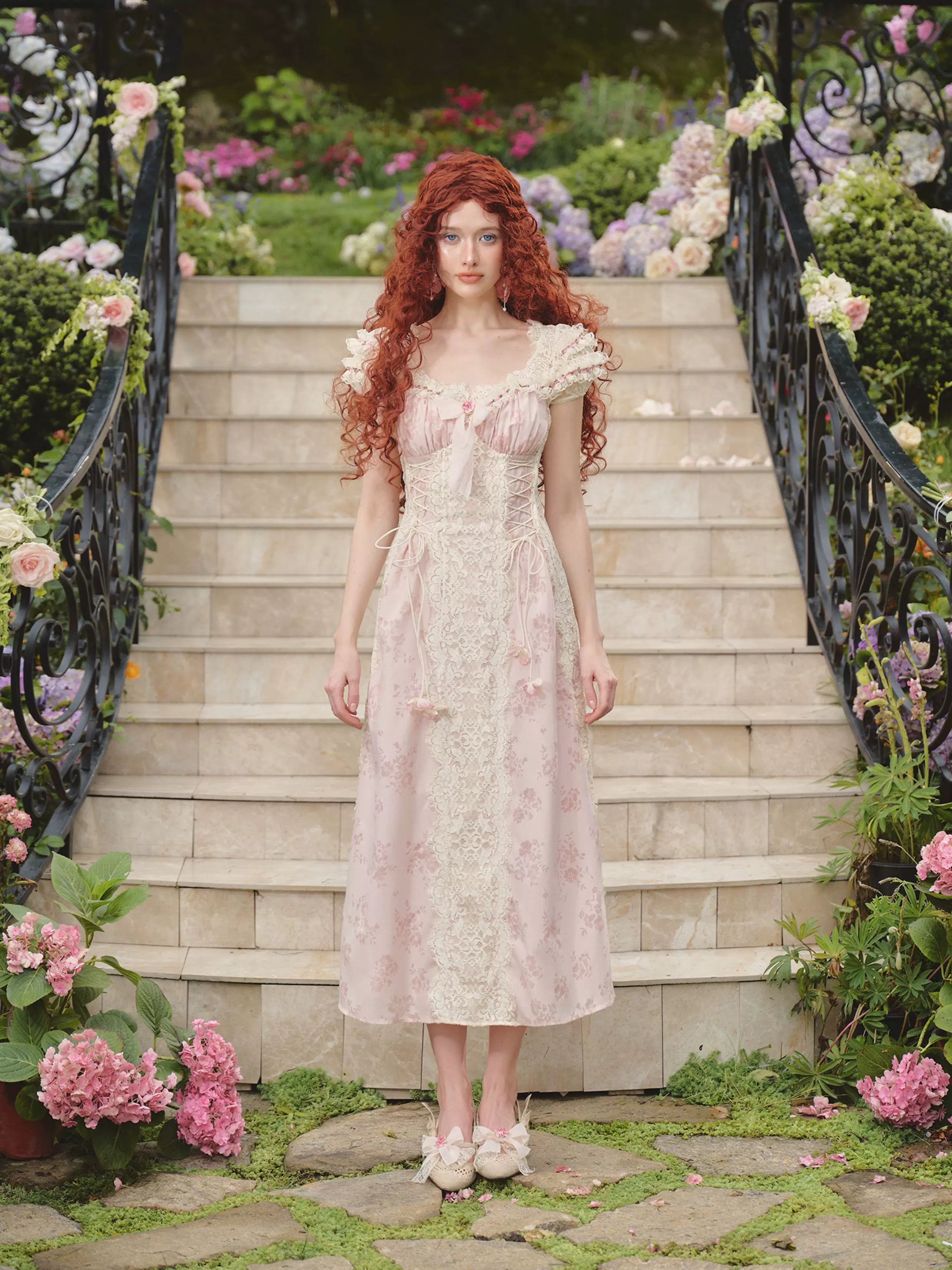 French Sweet Empire-Waist Lace Tie Dress