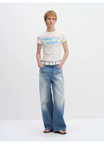 Washed Blue Curved-Leg Wide Denim Jeans