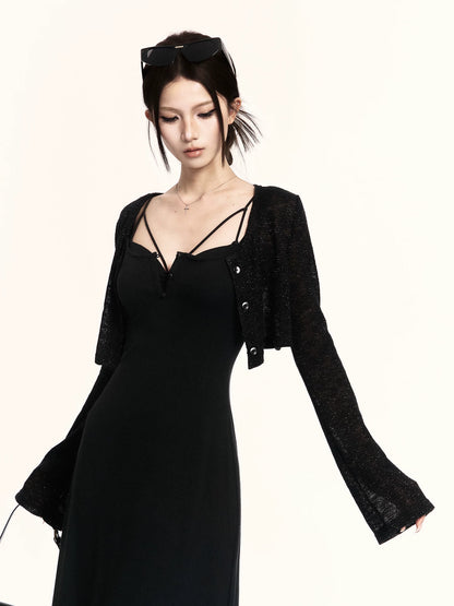 Minimal Black Sheer Knit Cropped Cardigan