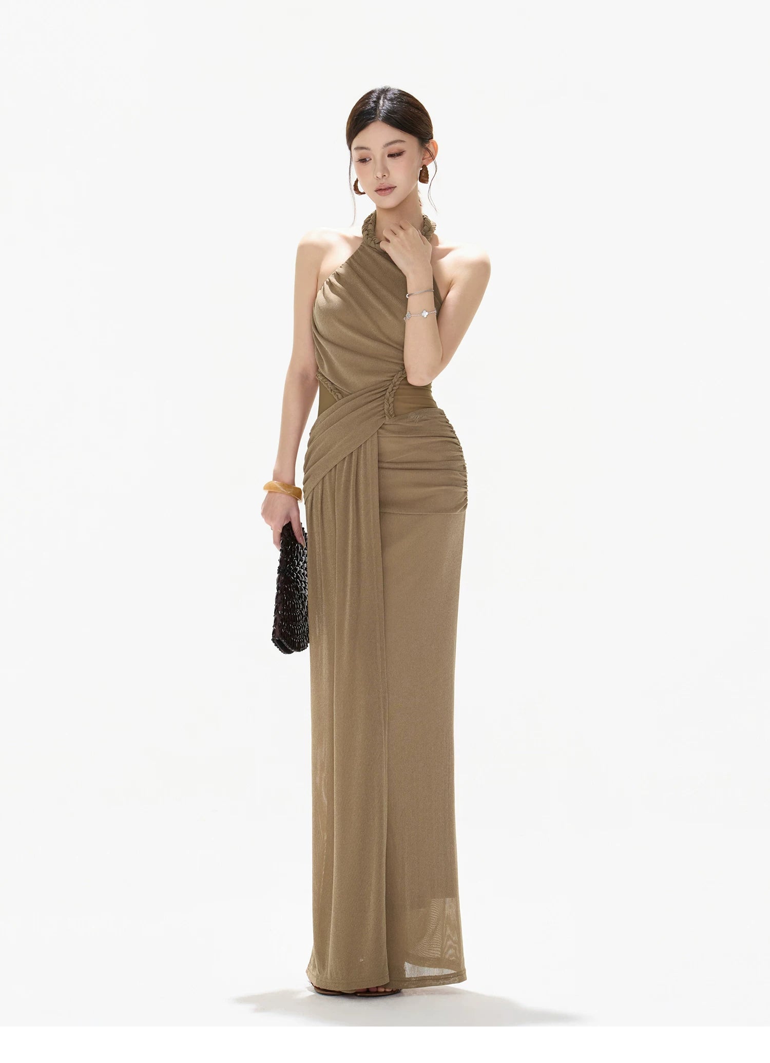 Elegant Ruched Mesh Halter Evening Dress