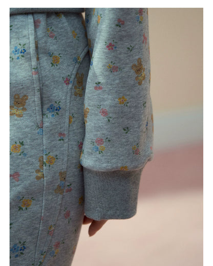 Floral Bunny Off-Shoulder Zip-up Sweatshirt