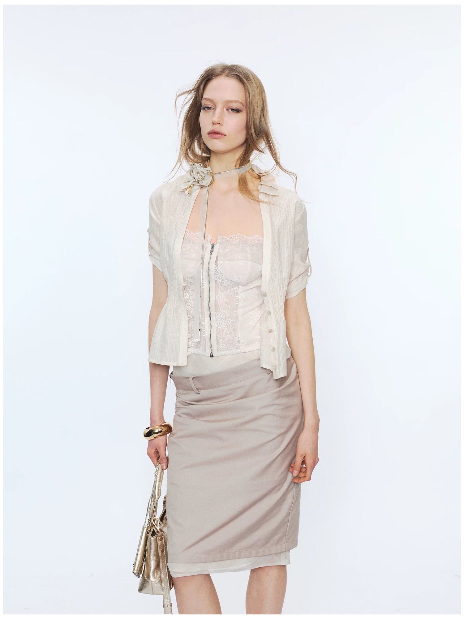 Contrast Lace Panel Two-Piece Shirt