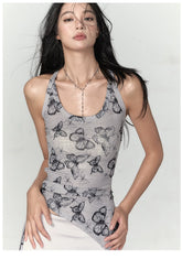 Purple & Grey Butterfly Print Irregular Strappy Vest - CHINASQUAD