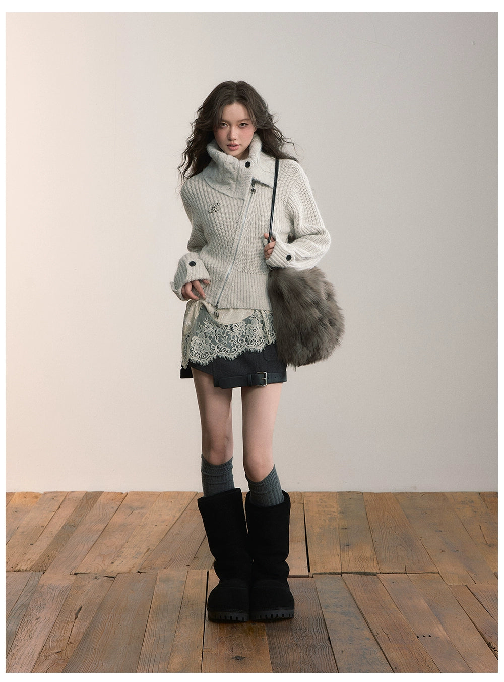 Oversized Lapel Asymmetrical Zip Knit Cardigan