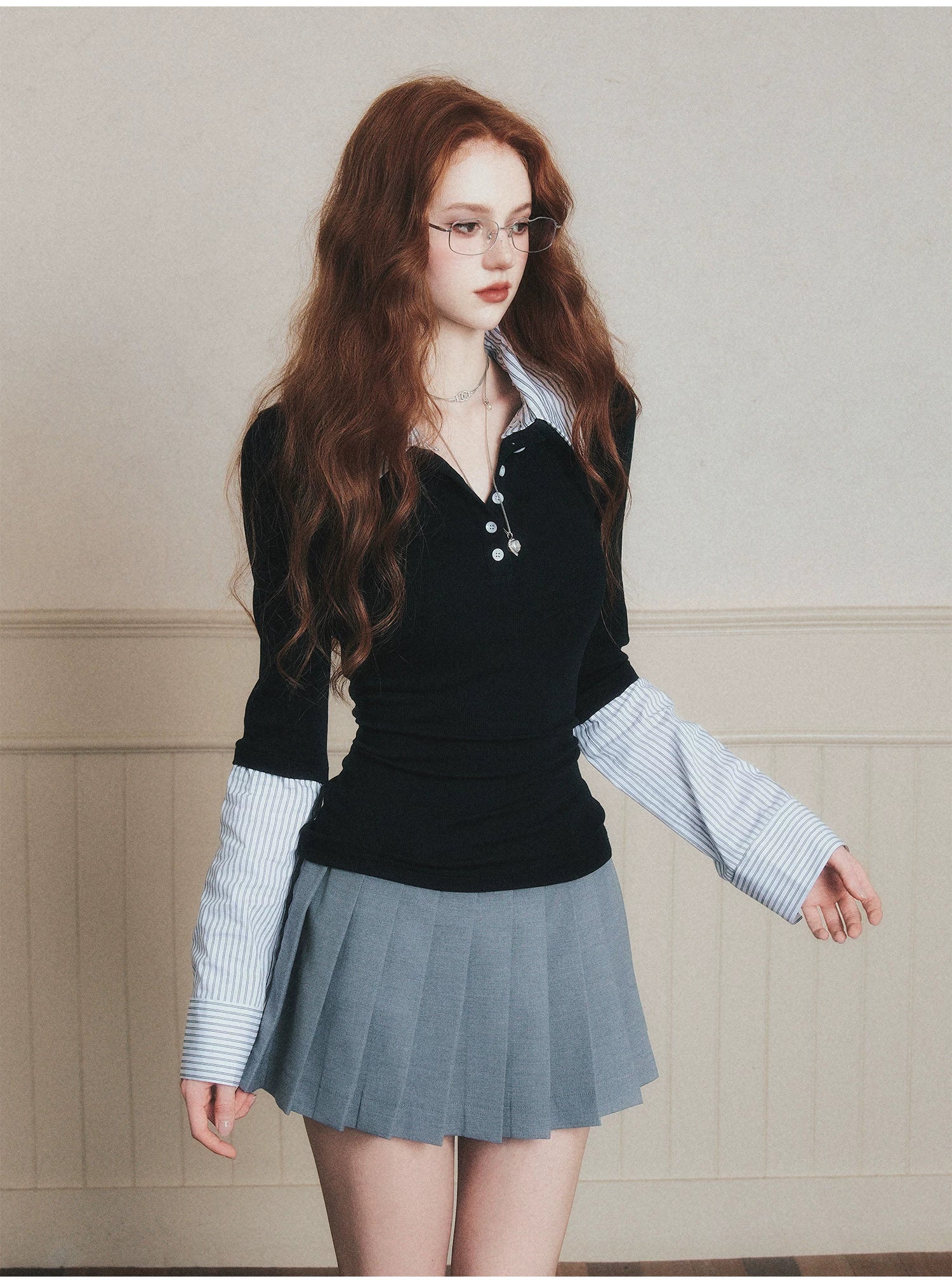 Layered-Style Collar Knit Polo