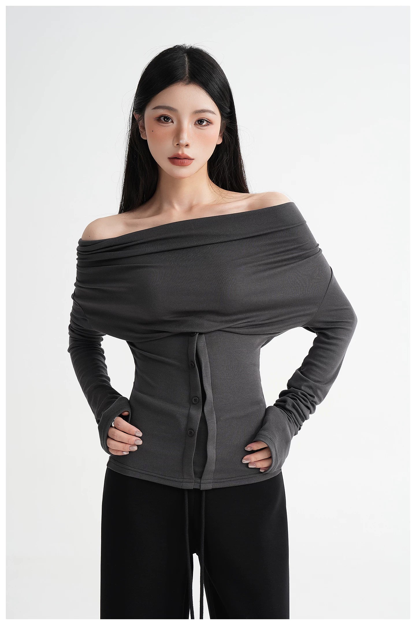 Neck Off-Shoulder Fitted Long Sleeve T-Shirt