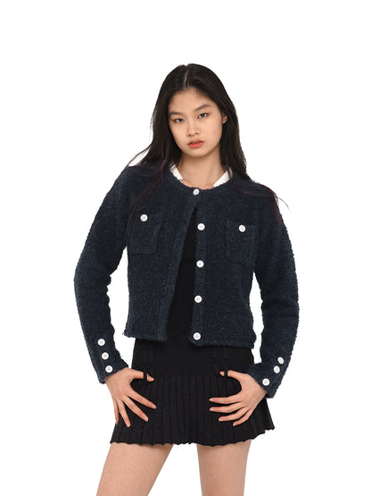 Navy Contrasting Buttons Knit Cardigan &amp; Skirt Set