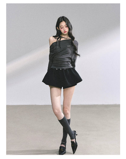 Off-Shoulder Halter Long-Sleeve T-Shirt