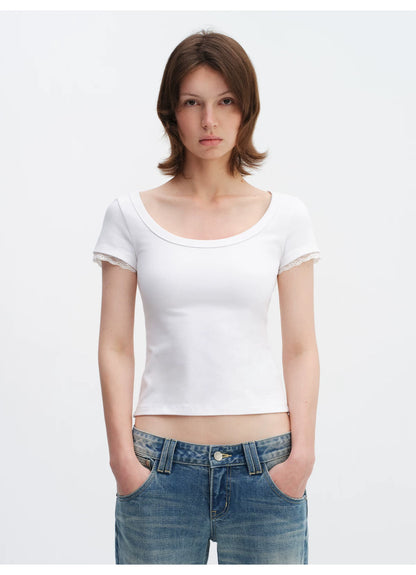 Lace Trim Scoop Neck Fitted Cotton T-Shirt