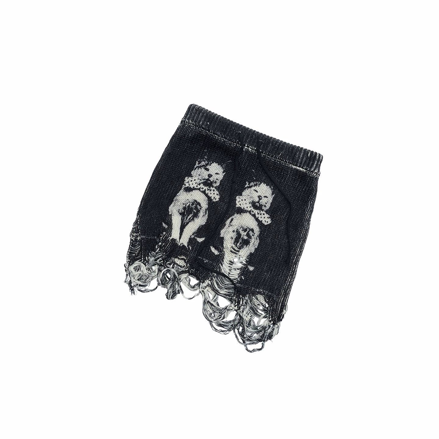 Cat Print Distressed Knit Mini Skirt