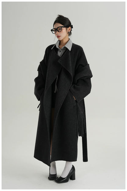 Fringe-Detail Wool Scarf-Style Long Coat