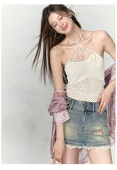 Rose Knitted Hollow Out Spaghetti Strap Tank Top - CHINASQUAD