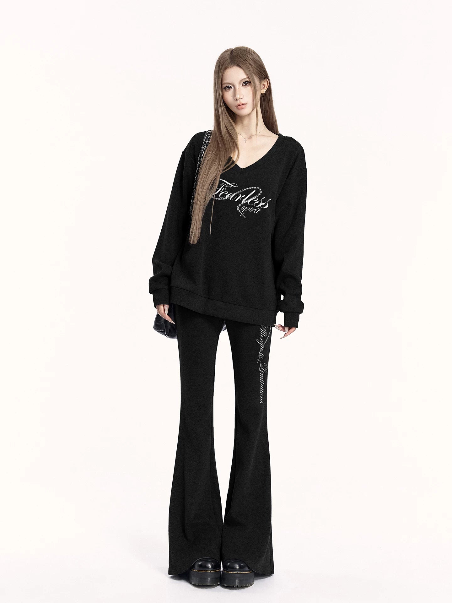V-Neck Sweatshirt &amp; Flared Pants Set