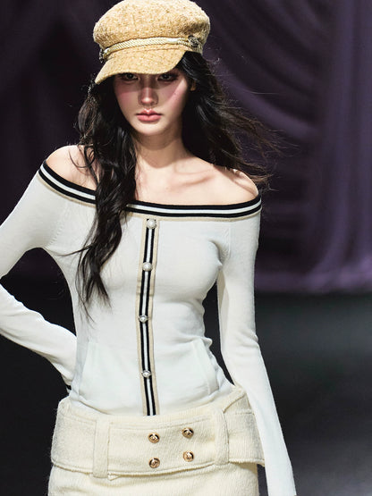 Off-Shoulder Wool-Blend Slim Knit Cardigan
