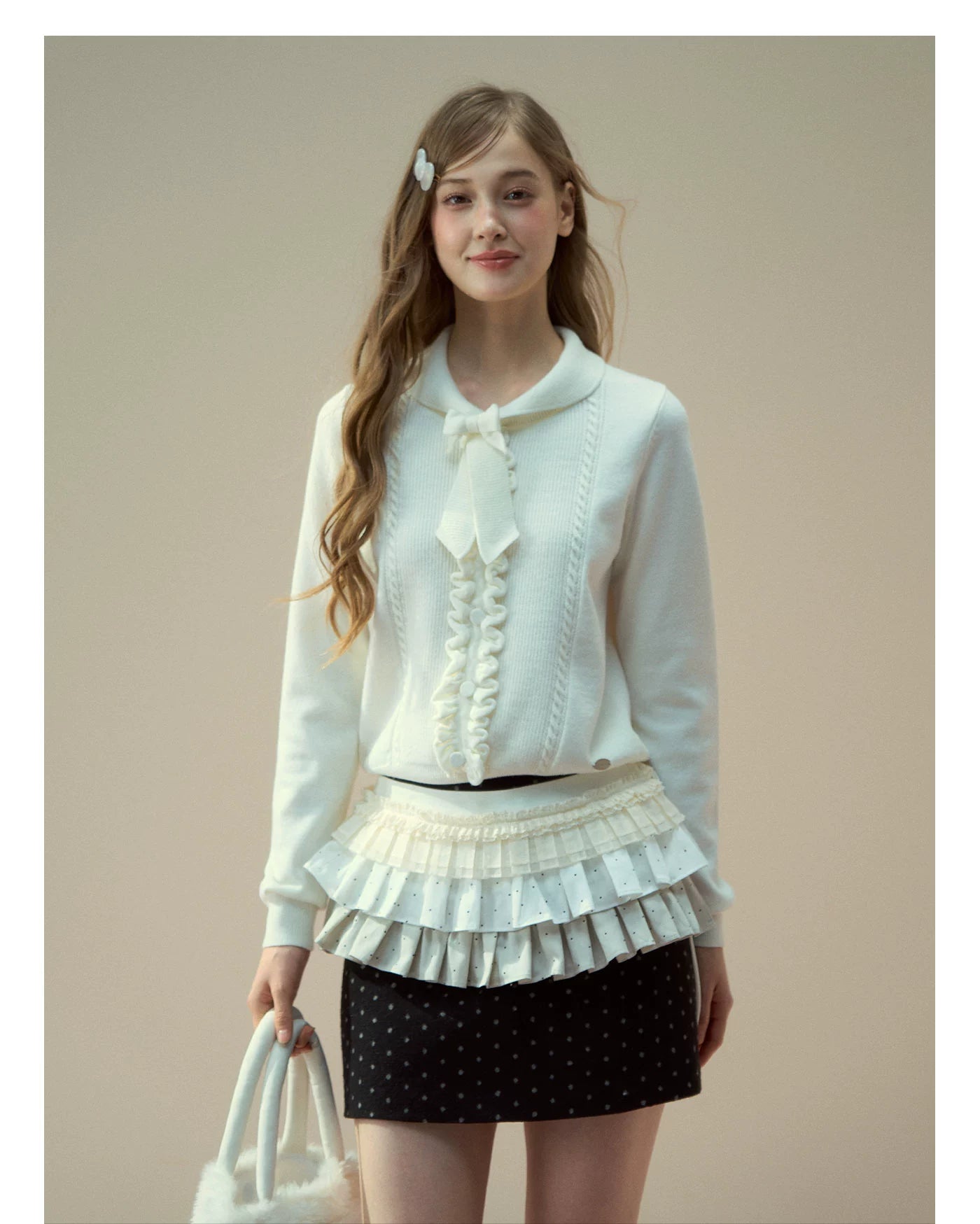 Ruffle Trim Bow Wool Sweater