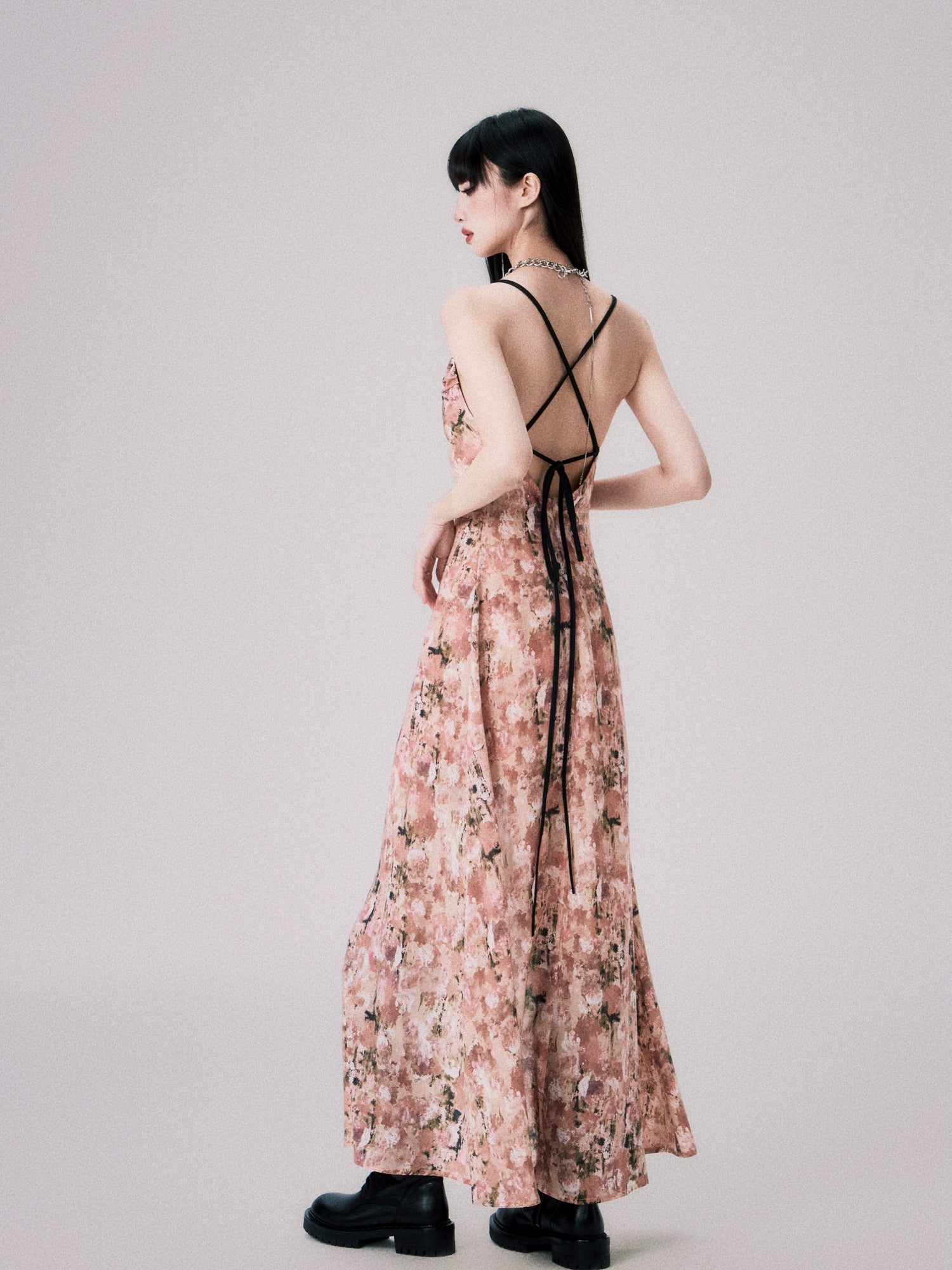 Pink Floral Backless Dress