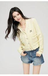 Milk Yellow & Gray V-Neck Knit Cardigan - CHINASQUAD