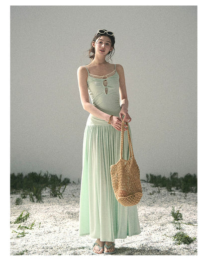 Mint Pearl Texture Two-Piece Maxi Skirt Set