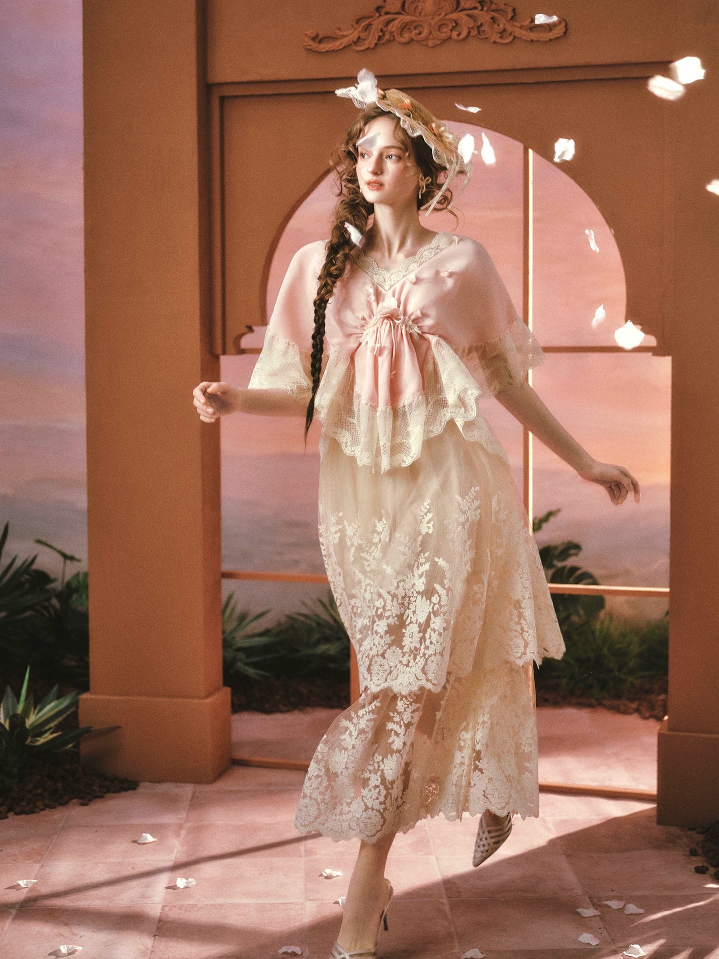 Peach Blossom Fan – French Lace V-Neck Blouse