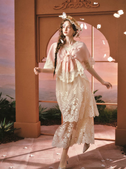 Peach Blossom Fan – French Lace V-Neck Blouse