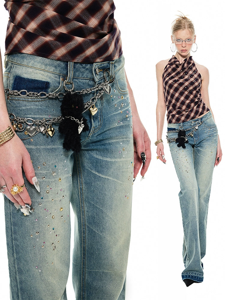 Blue Studded Denim Straight-leg Wide Pants