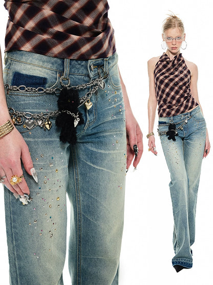 Blue Studded Denim Straight-leg Wide Pants