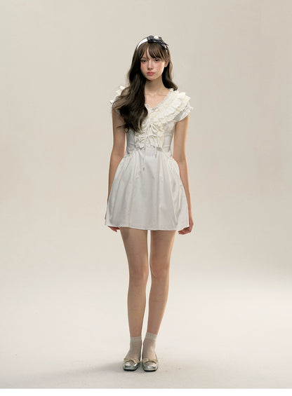 White V-neck Sleeveless Ruffled Lace Bow Dress