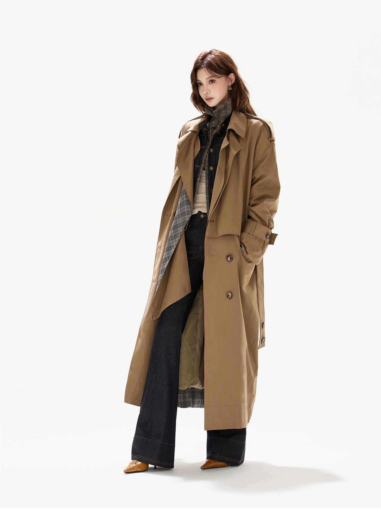Double-Breasted Check-Panel Trench Coat