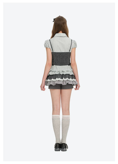 13DE MARZO Layered Puff Sleeve Corset Shirt Top