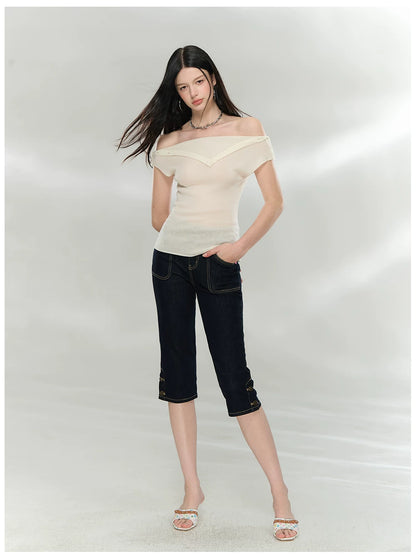 Folded Off-Shoulder Knit T-Shirt