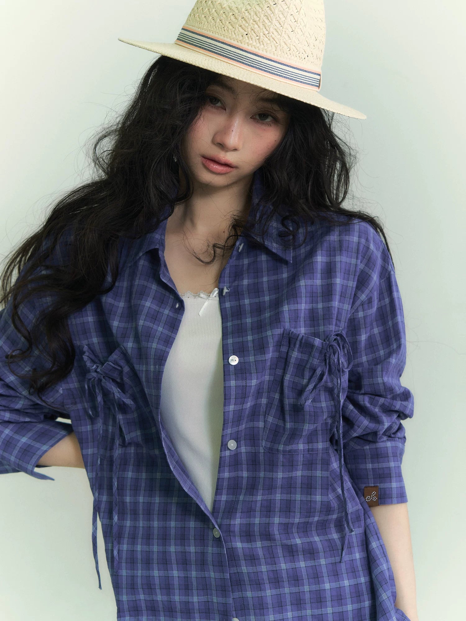 Drawstring Pocket Plaid Shirt