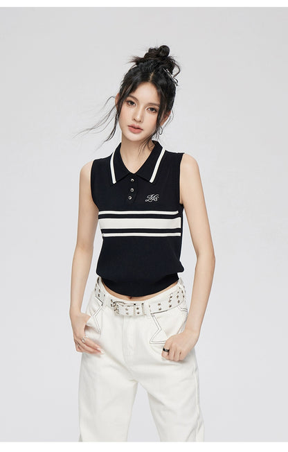 White &amp; Black Polo Neck Ice Silk Knitted Vest