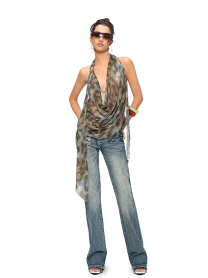 Leopard Drape-Front Backless Mesh Camisole