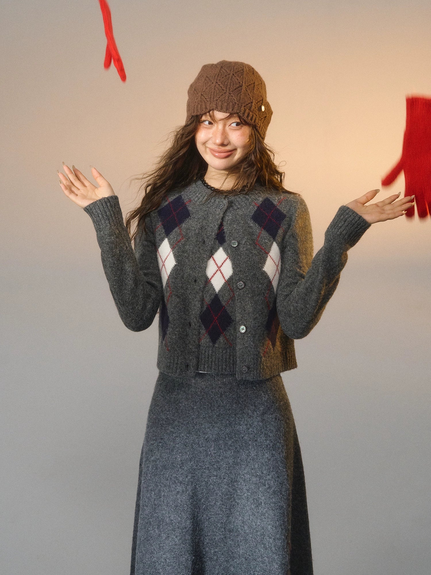 Floral Diamond Knit Vest / Cardigan / Skirt Set