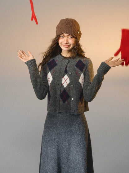 Floral Diamond Knit Vest / Cardigan / Skirt Set