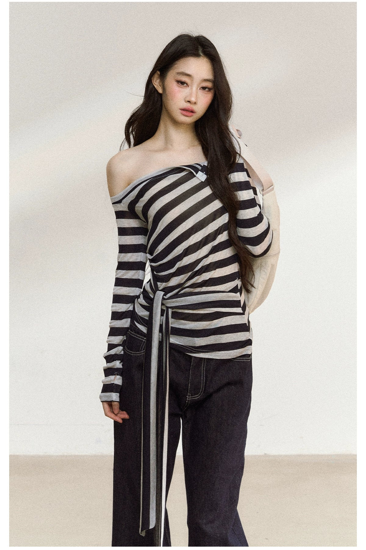 Asymmetric Stripe Off-Shoulder Tie Blouse
