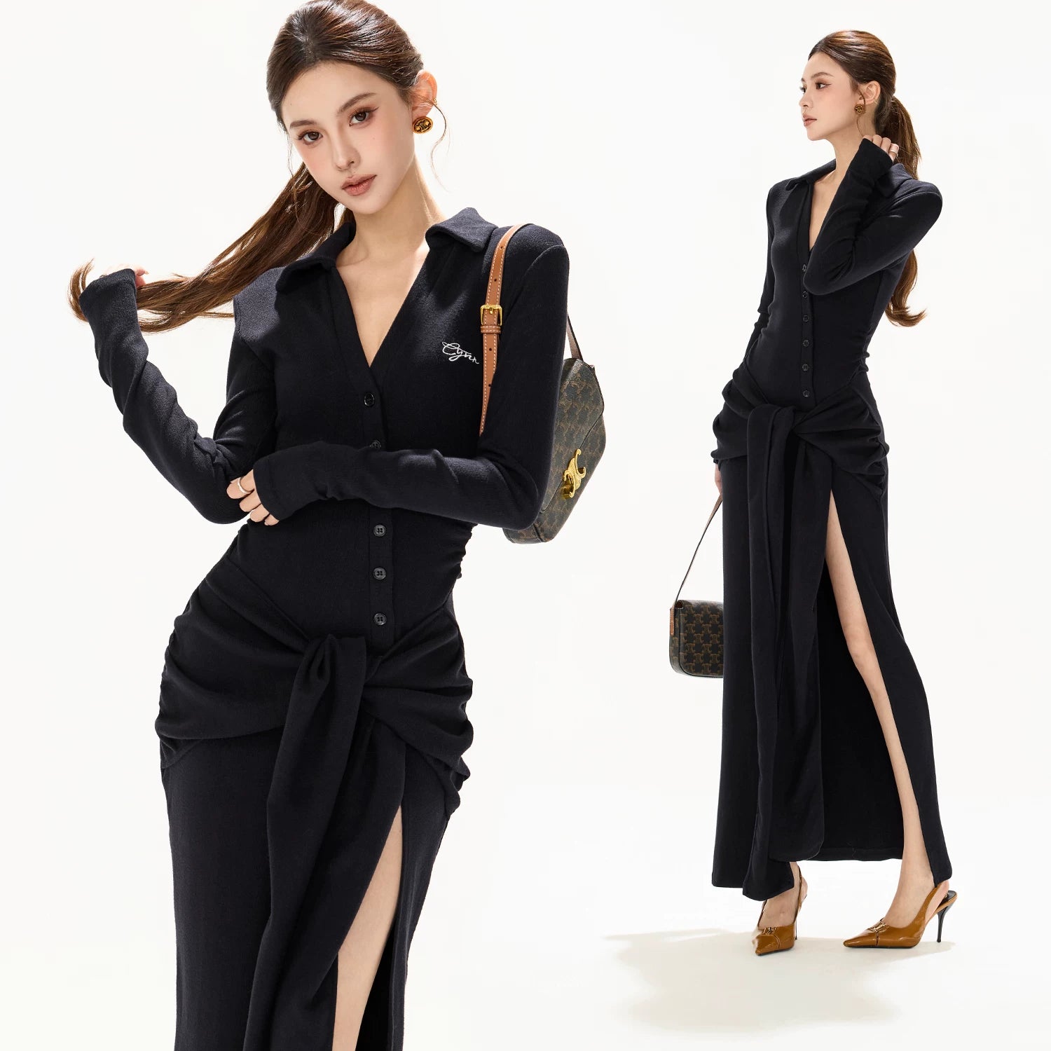 High-Slit Lace-Up Bodycon Maxi Dress