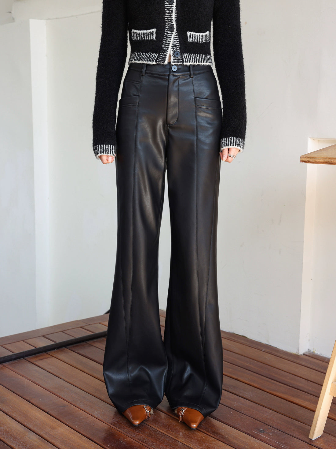 Black Flared Leather Pants - CHINASQUAD