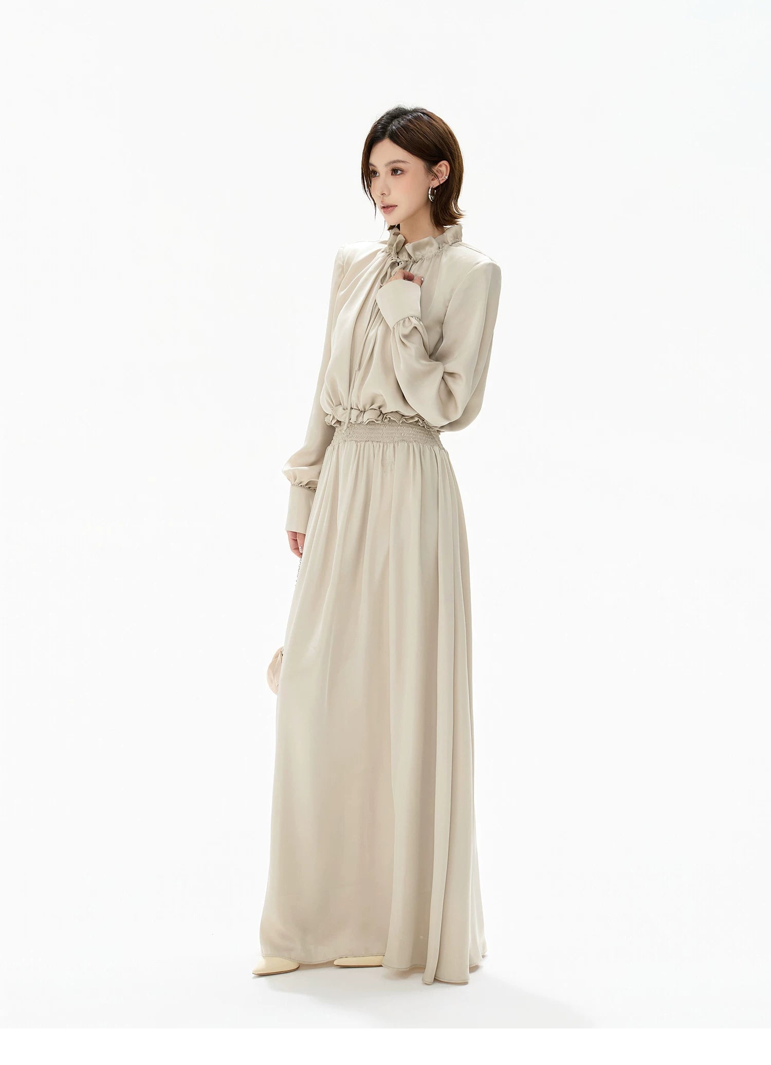 Elegant Ruffled Collar Satin Maxi Dress