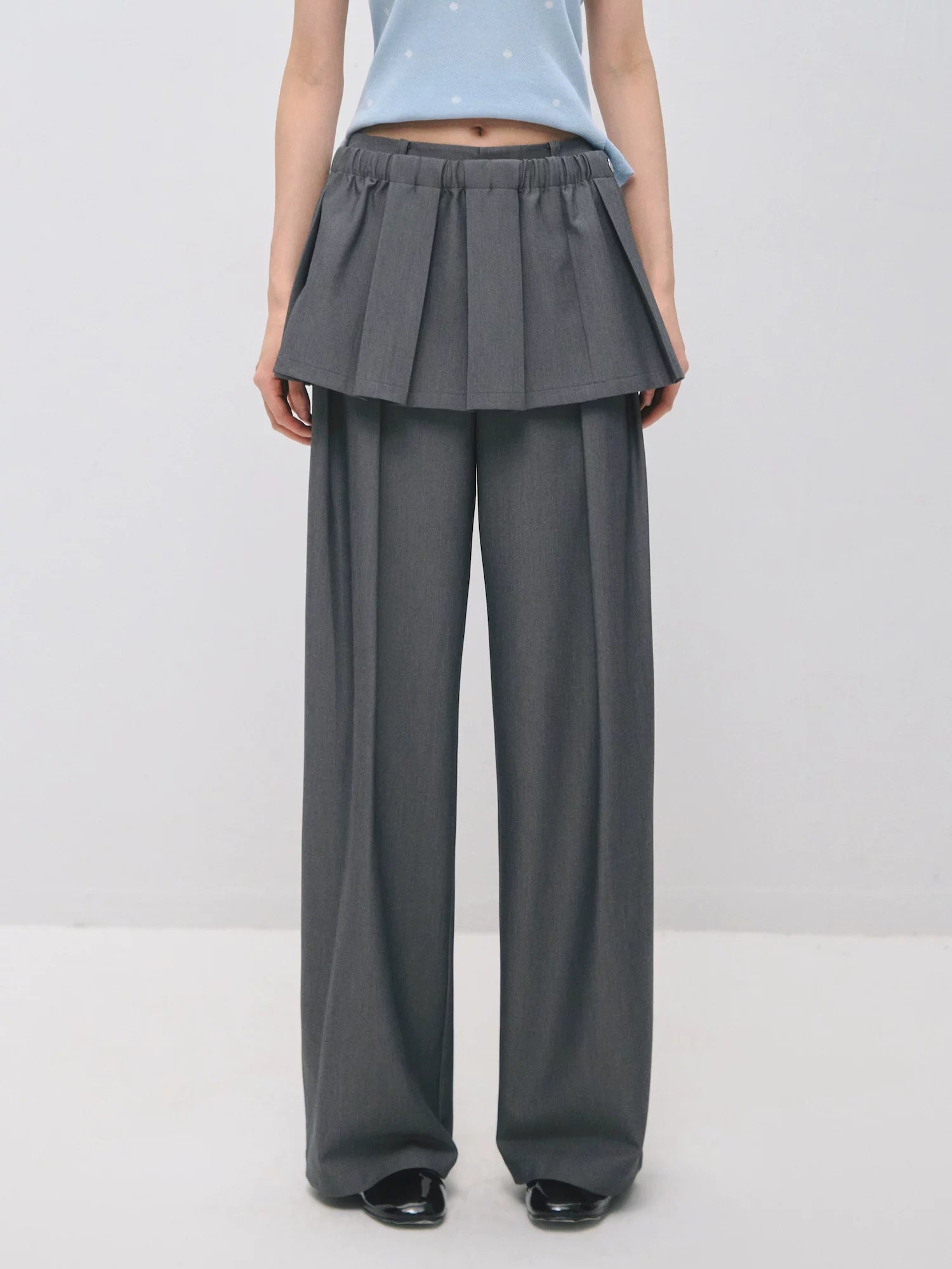 Detachable Pleated Overlay Tailored Wide-Leg Trousers
