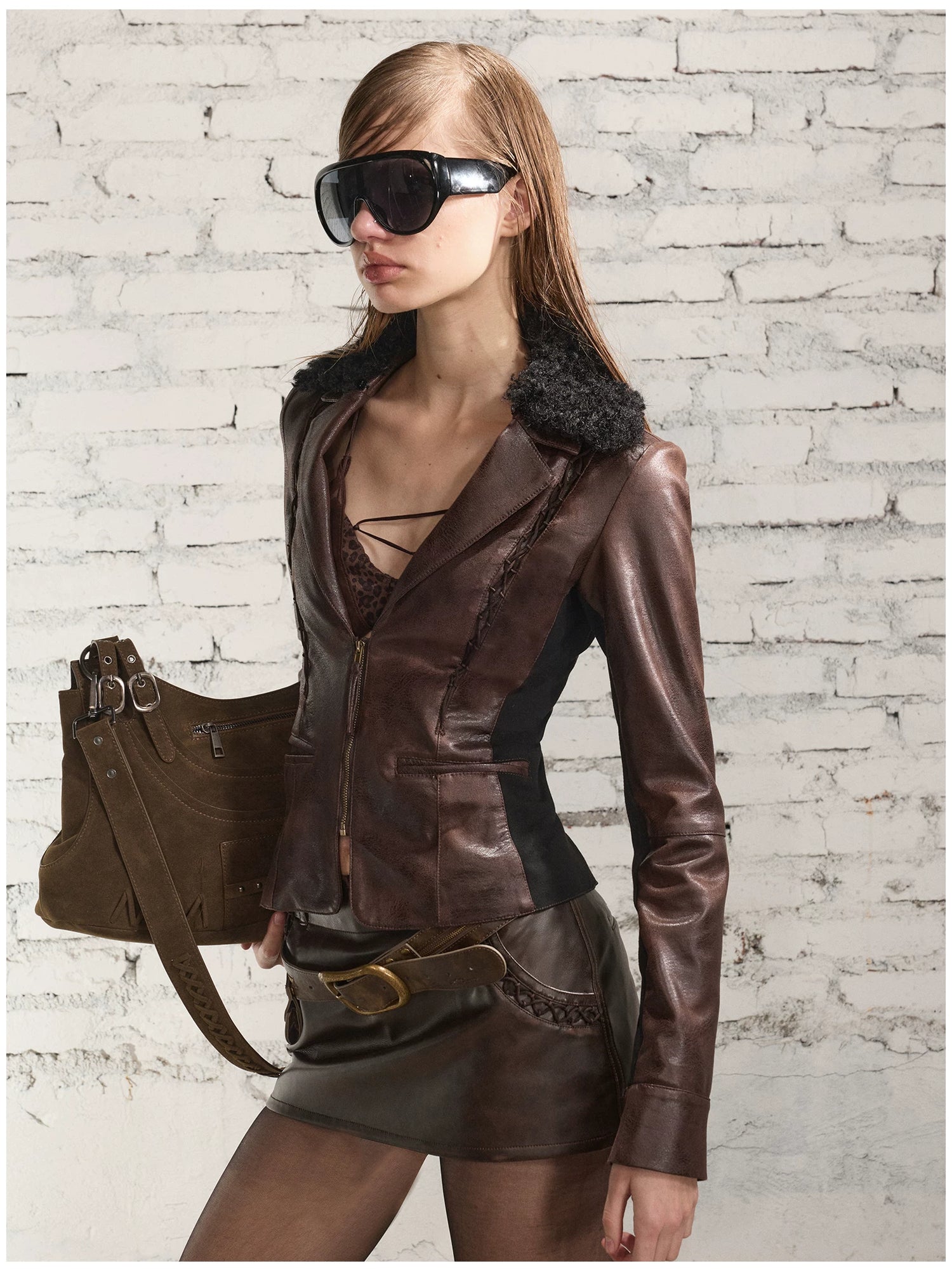 Fur-Collar Printed Leather Suit Set