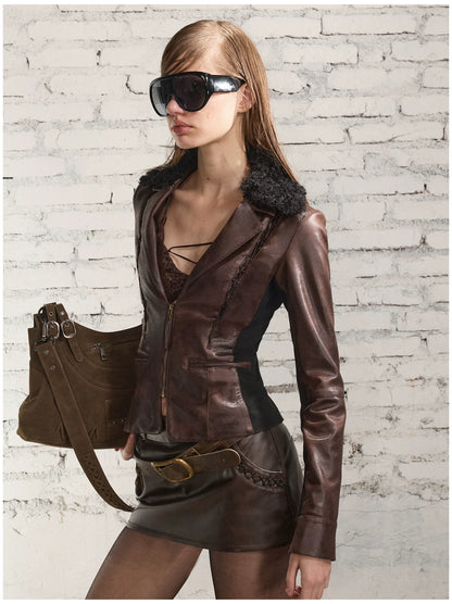 Fur-Collar Printed Leather Suit Set