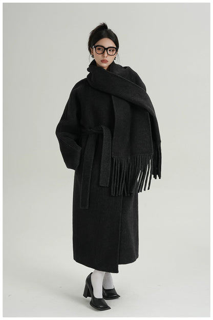 Fringe-Detail Wool Scarf-Style Long Coat