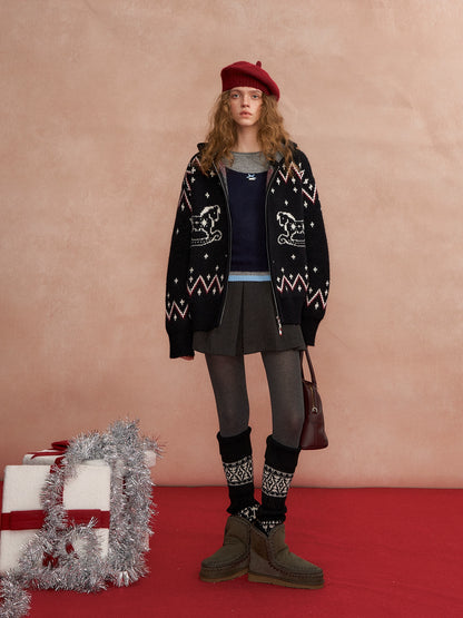 Fair Isle Horse-Pattern Hooded Cardigan